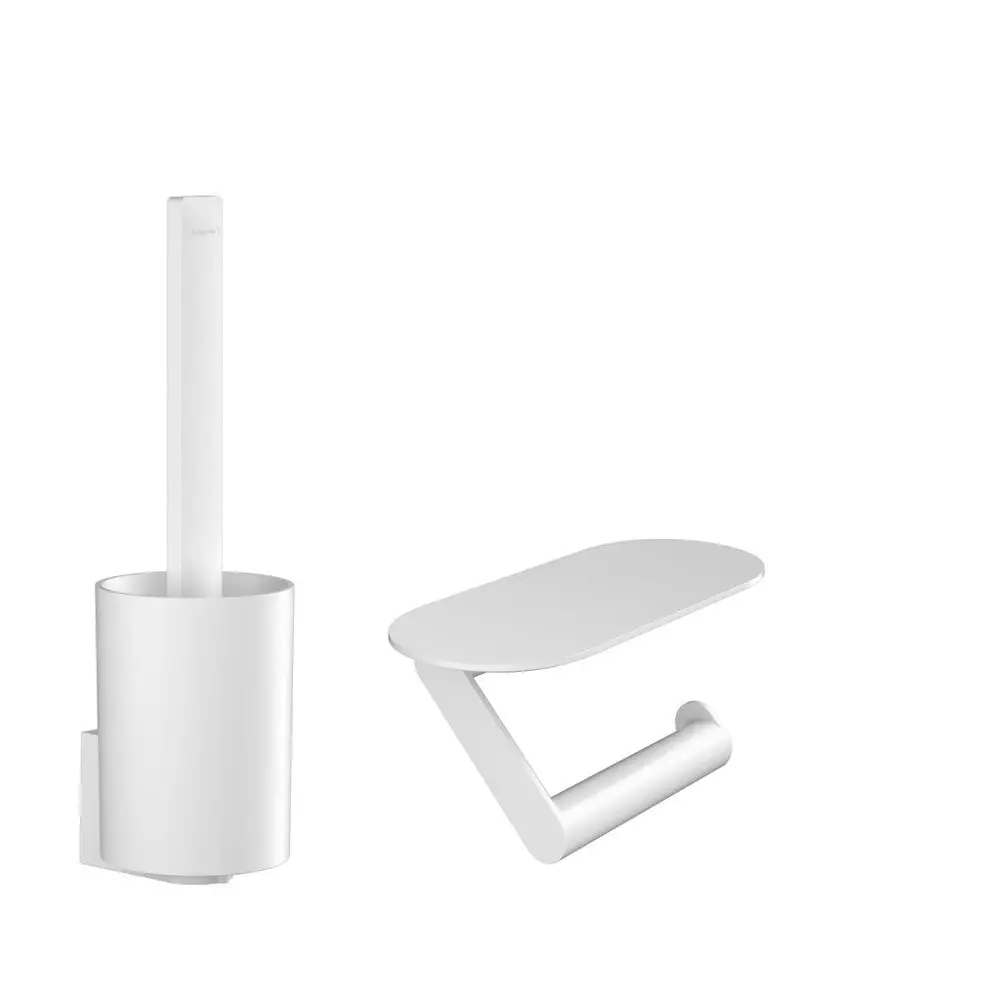 Hansgrohe Toilettenset in Mattweiß, bestehend aus einem Toilettenbürstenhalter und einer Ablagefläche, beide an der Wand montiert.